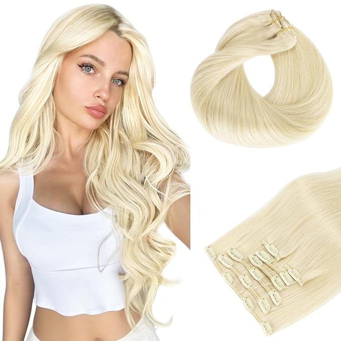 HOTBANANA Human Hair Clip in Hair Extensions, Platinum Blonde Hair Extensions 120g Clip in Hair Extensions Real Human Hair Straight Remy Hair Clip Ins 22 Inch 7pcs