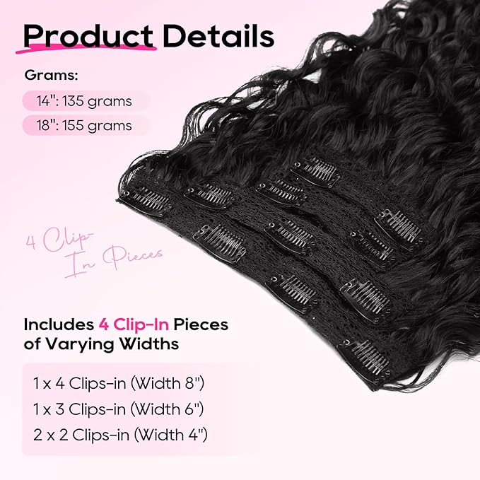 REECHO Curly Hair Extensions - 4PCS 14" GoGo Curly Clip in Hair Extensions 100% Super Protein Hairpieces with Invisible Lace Weft Silky Soft Natural Look for Women - Jet Black