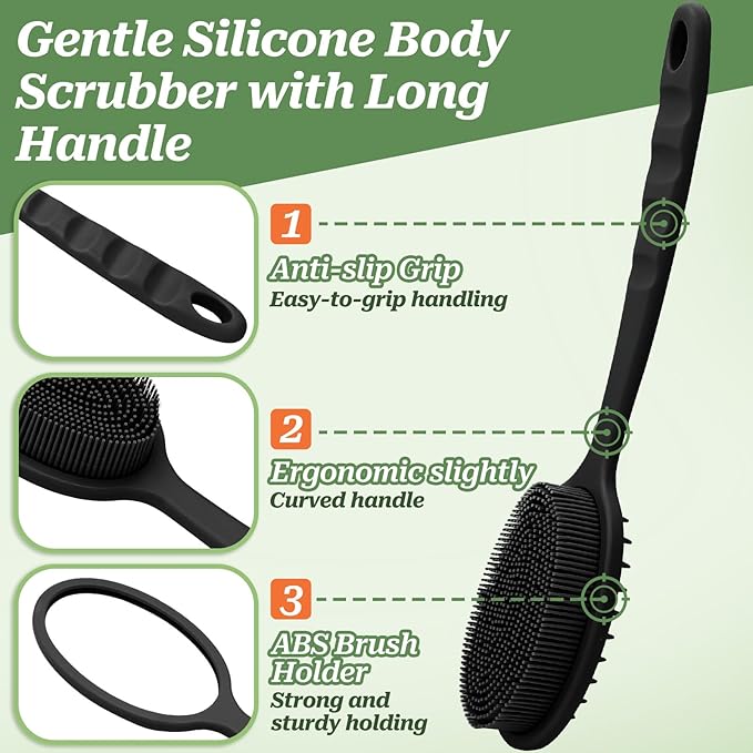 Silicone Back Washer for Shower, Gentle Exfoliating Body & Back Scrubber with Handle, Silicone Loofah with Two Dual-Side & Replaceable Brush Heads(Green-Two Heads)