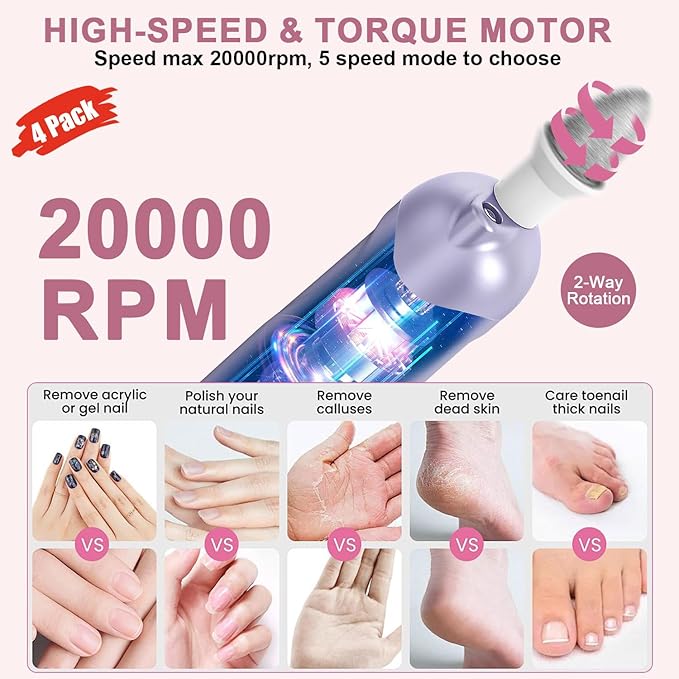 4 Pack Professional 9-in-1 Nail Drill Kit, Electric Nail File, Cordless 5 Speeds for Effortless Nails Care,Purple
