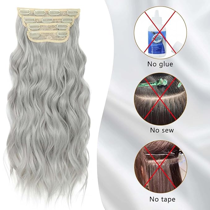 20 Inches Silver Gray Clip in Hair Extensions 4PCS Grey Thick Hairpieces long Wavy Clip in Hair Extensions Double Weft Long Hairpieces Full Head For Women (20 INCH, 60#)