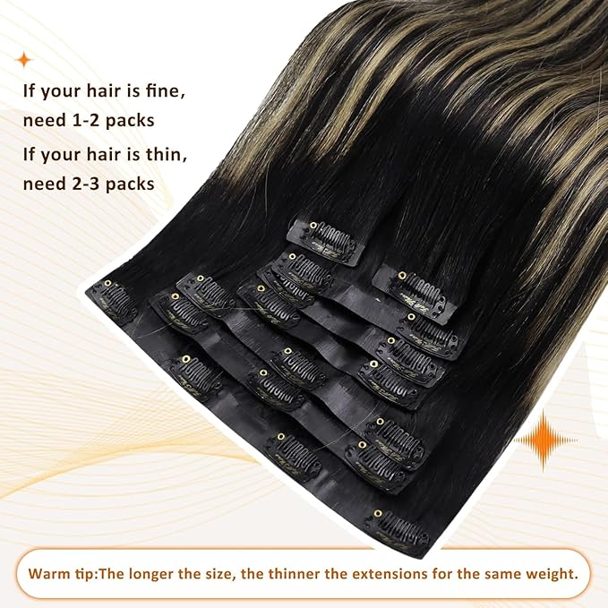 Full Shine Human Hair Clip in Extensions Black Balayage Seamless Clip ins Hair Extension With PU Weft Black Ombre Caramel Blonde Invisible Hair Extension Longevity 20 Inch 120 Grams 8 Pcs