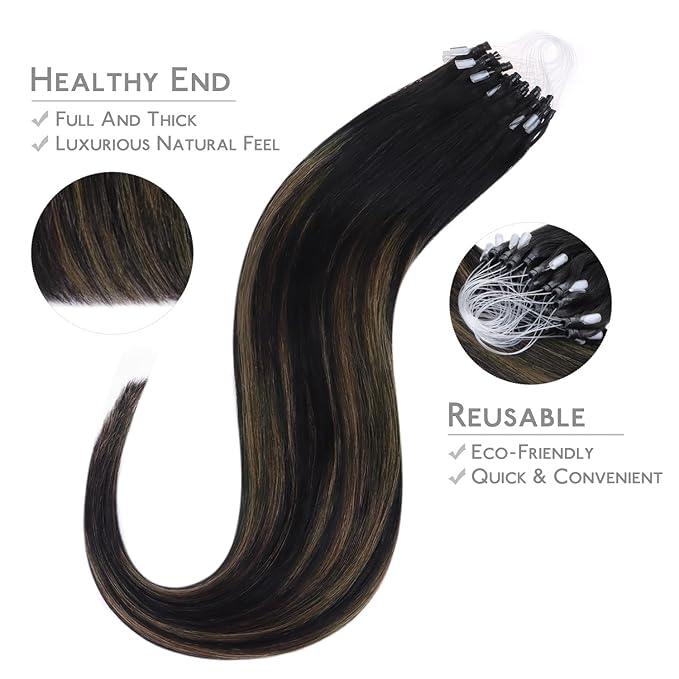 WENNALIFE Microlink Hair Extensions Human Hair, 50g 50s 14 Inch Balayage Natural Black to Chestnut Brown Remy Hair Microbead Micro Link Microloop Microring Invisible Straight Natural Fusion
