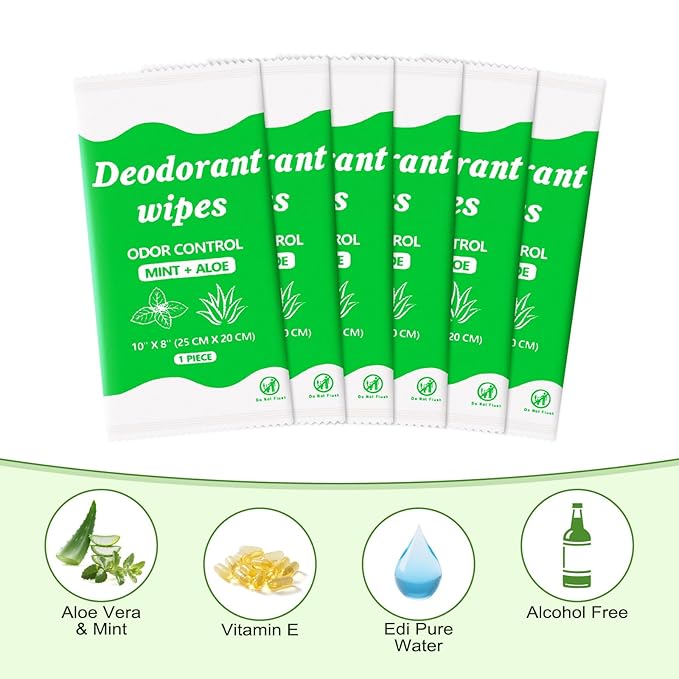 Travel Deodorant Body Shower Wipes Deodorizing Bathing Wipes, Disposable No Rinse Adults Women Men Individually Wrapped Underarm Sweat Antiperspirant Bath Wipe for Travel Camping Gym (Green, 100 Pack)