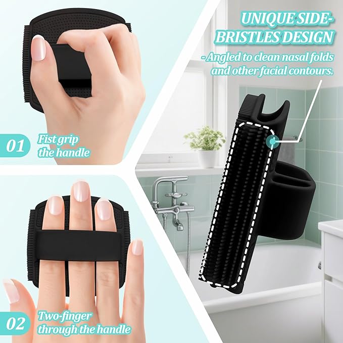 Silicone Back & Face Scrubber & Bath Glove Set 3PCS, 13.4'' Gentle Back Scrubber with Dual-Side Head, 360° Anti-Slip Bath Glove, Unique Side-bristled Face Scrubber for All-round Cleaning(Black)