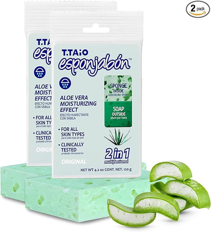 T.Taio Esponjabon Aloe Vera Soap Sponge - Gentle Shower Scrubber - Cleaning Bath Wash Scrub - Dirt & Oil Removal - Massage & Lather Foot, Elbow, & Face - Bathroom Accessories - Fresh Scent