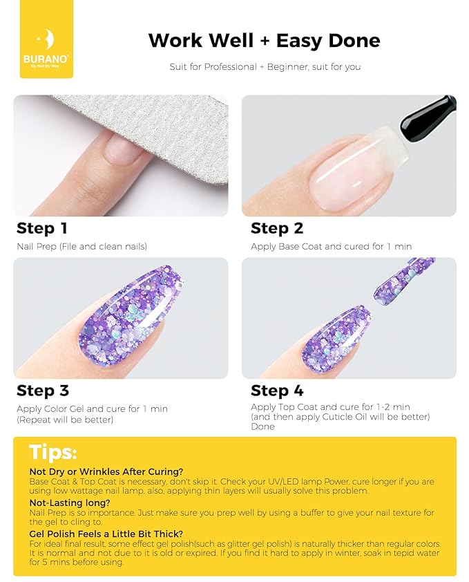 BURANO Glitter Gel Nail Polish, LED UV Nail Gel Shimmer Holographic Effect Soak off Curing Required, No Chip Polish Sparkle Home DIY Nail Salon (Purple LP21)