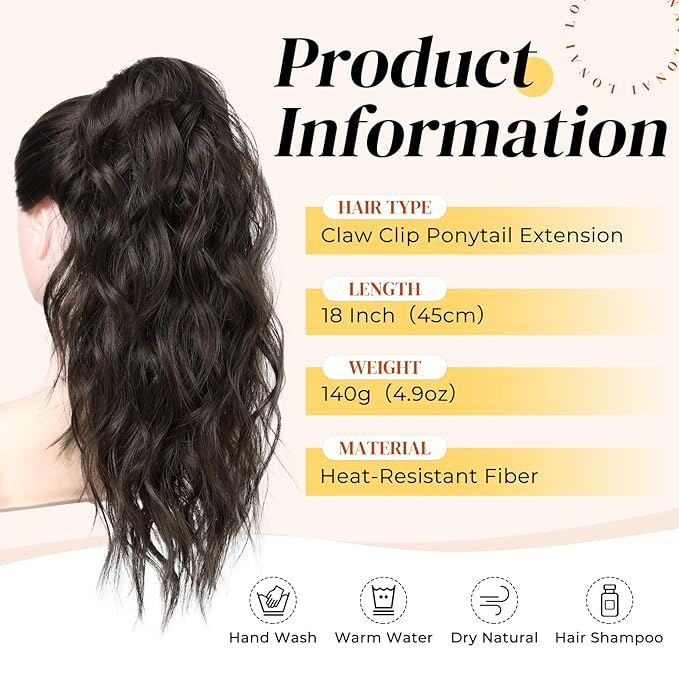 LONAI Ponytail Extension, 18" Wavy Claw Clip Ponytail Extensions ZJ001 Shoulder Length Curly Wavy Claw Clip in Ponytail Hairpiece Synthetic Fake Pony tails Hairpieces-Black Brown