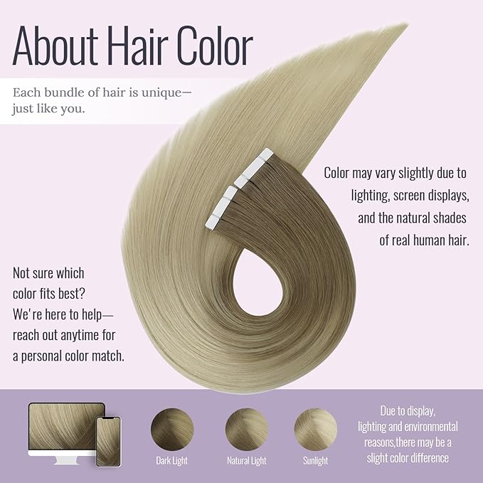 Fshine Tape in Human Hair Ombre 18 Inch Ash Brown Fading to Platinum Blonde Tape in Human Hair Extensions 20pcs 50g Straight Natural Silky Remy Hair Straight Hair Extensions for Women