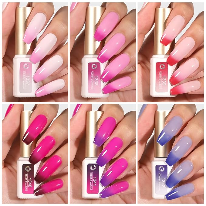 GAOY Color Changing Gel Nail Polish Set, 6 Temperature Mood Changing Colors Red Pink Purple, Soak Off UV Light Cure Gel Polish for Salon and Nail Art DIY at Home