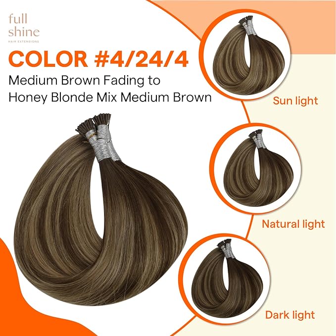 Full Shine Itip Human Hair Extensions 20 Inch 50 Grams Brown to Honey Blonde and Brown Itip Human Hair Extensions Long Straight Remy Hair for Women add Length