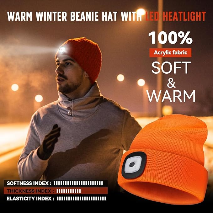 Unisex Beanie Hat with Light, Rechargeable Headlight Cap, Stocking Stuffers for Men, Cool Gadget Gifts for Him, Birthday Gifts for Women, Gifts for Him, Orange