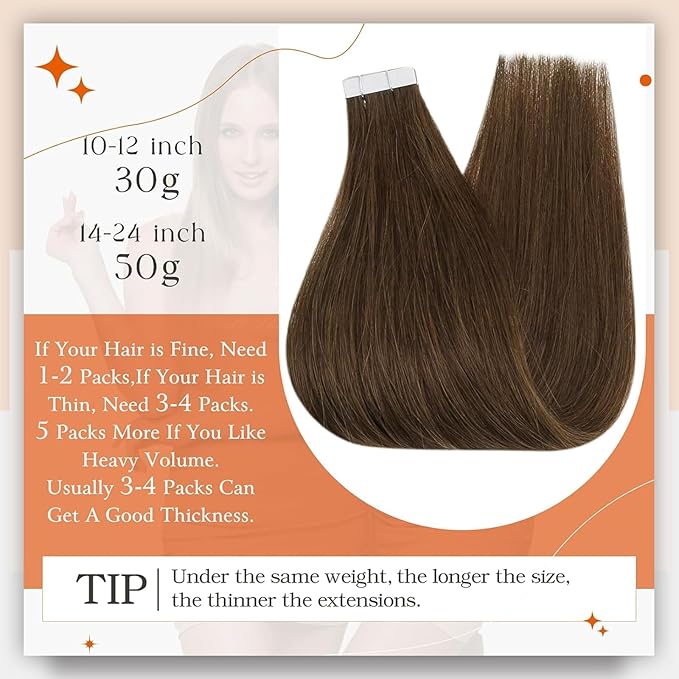 Full Shine Tape in Human Hair Extensions Color 4 Medium Brown Hair Extensions Real Human Hair 22Inch Long Invisible Skin Weft 100G 40Pcs Soft Straight Extension Add Length