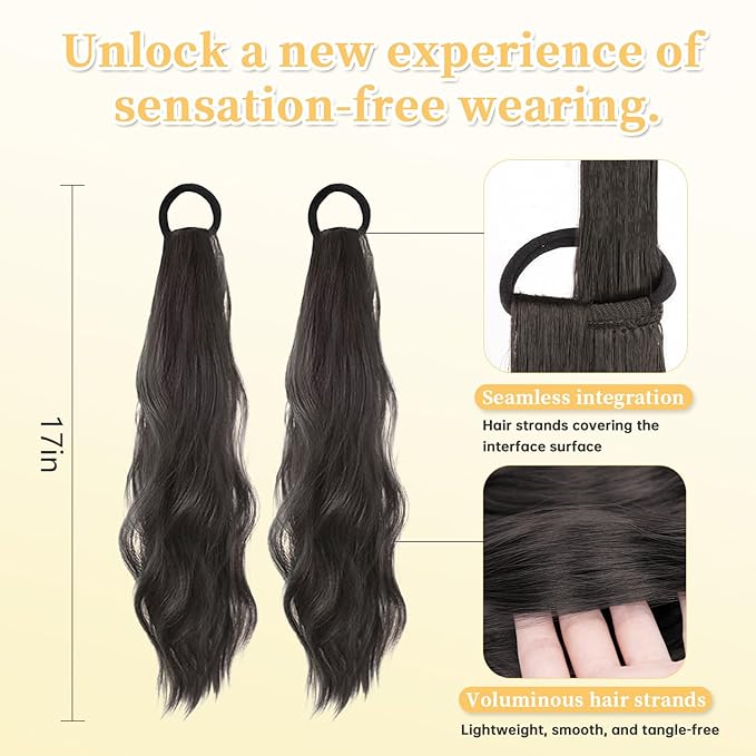 2PCS Curly Ponytail Extension with Hair Tie Hair Natural Wig Elastic Band Wave Fake Ponytail Wigs Accessories for Women Daily 17 Inch (2pcs-brown black)