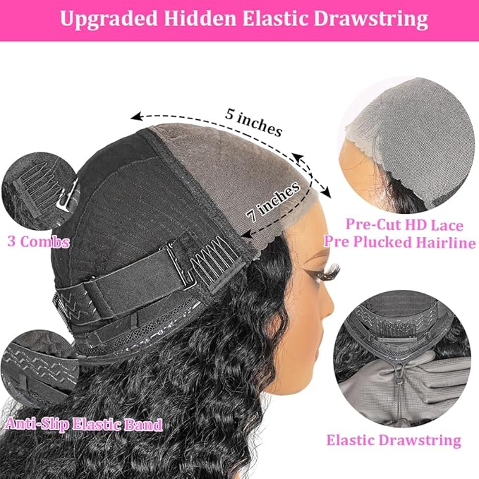 30 Inch Glueless Wigs Human Hair Pre Plucked Pre Cut 7x5 200 Density Deep Wave Lace Front Wigs Human Hair Drawstring Beginner Friendly Wear and Go Glueless Wig for Women Curly HD Lace Front Wig