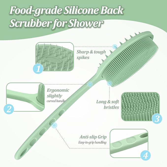 Silicone Back & Face Scrubber & Bath Glove Set 3PCS, 13.4'' Gentle Back Scrubber with Dual-Side Head, 360° Anti-Slip Bath Glove, Unique Side-bristled Face Scrubber for All-round Cleaning(Green)
