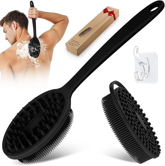 Silicone Back & Body Scrubber Set 2PCS, 13.4'' Gentle Exfoliating Back Scrubber with Dual-Side Head and Non-Slip Handle, Hygienic Silicone Loofah with Soft Bristles and Massage Dots(Black-2PC)