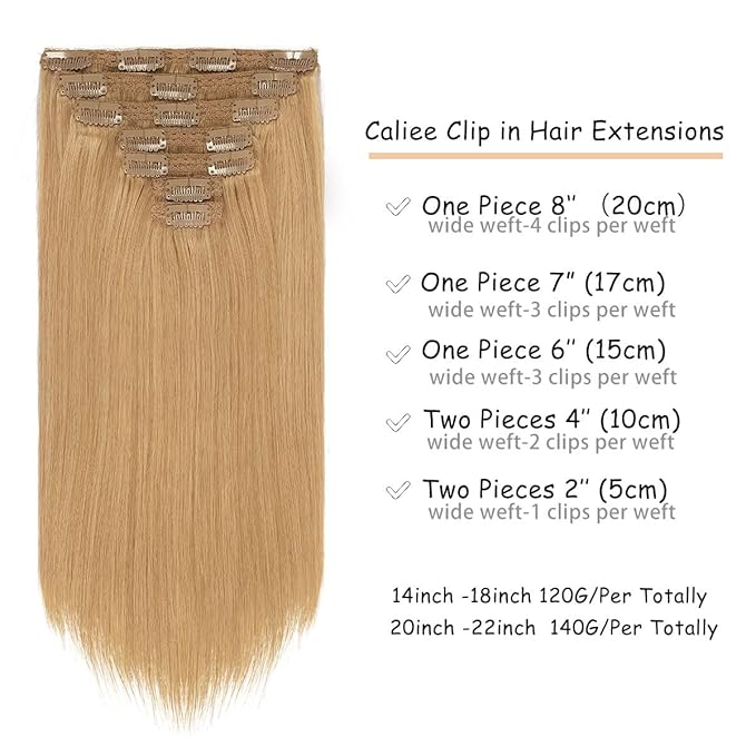 Caliee Blonde Clip in Hair Extensions Human Hair Double Weft Lace 22 Inch Natural Straight Color Caramel Blonde Soft Remy Clip in Hair Extensions for Full Head 140 G 7 Pcs