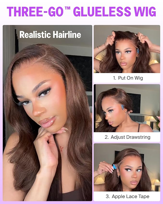 Glueless Chocolate Brown 13x6 Lace Front Wigs Human Hair Ready to Go Glueless Body Wave Wig Pre Cut Pre Plucked Bleached HD Frontal Drawstring Wigs Human Hair 30 Inch 220% Density