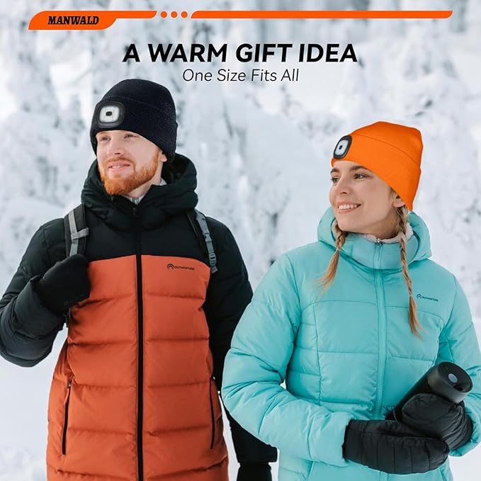 LED Beanie Hat with Light, USB Rechargeable LED Headlamp, Christmas Stocking Stuffers for Men Adults, Gifts for Men Him Husband, Boyfriend, Orange, 2PCS