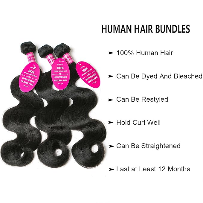 12A Body Wave Bundles Human Hair 18 20 22 Inch 100% Unprocessed Brazilian Virgin Human Hair Bundles Weave 3 Bundle Hair Extensions for Women Natural Color