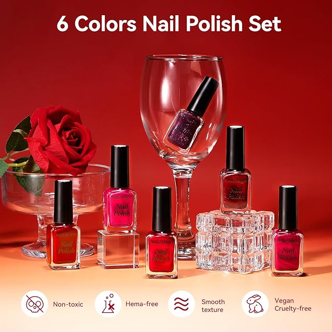 Red Nail Polish Set, Christmas Stocking Stuffers, 6 Colors Red Cherry Dark Red Wine Nail Polish Kit, Opaque,Hema-free Quick Dry, Non Gel, Home DIY Nails Art Gift for Women Girls