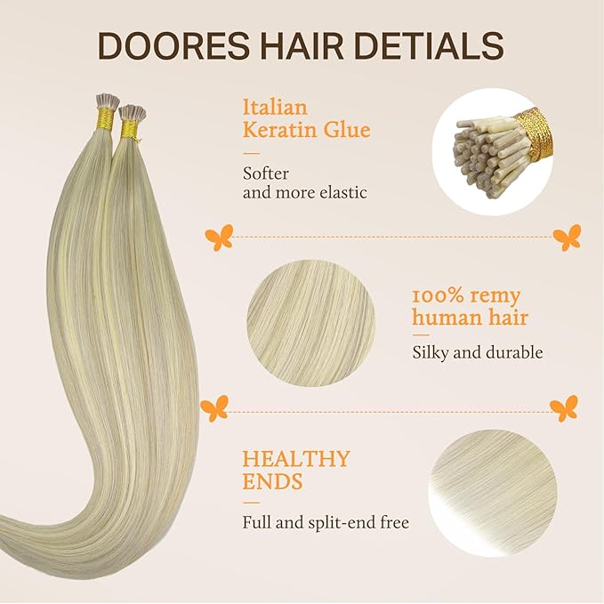 DOORES I Tip Hair Extensions Human Hair,14 Inch 100g 200s Itip Human Hair Extensions,Ash Blonde Highlighted Platinum Blonde I Tip Hair Extensions,Virgin Human Hair Extensions