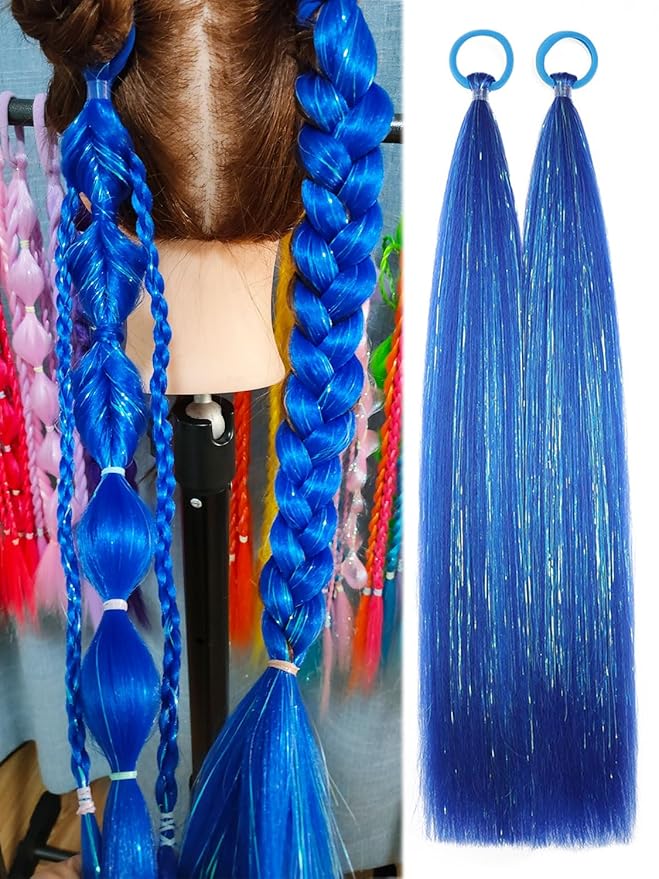 Colored Hair Extensions Royal Blue Ponytail Extension 2 Packs, 20 inch Crazy Hair Day Accessories for Women, DIY Festival Wacky Rave Braids, Tinsel Mixed