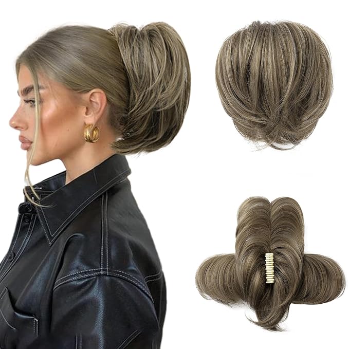 HOOJIH Messy Bun Hair Piece, Claw Clip in Straight Hair Bun 9 Inch Short Ponytail Extension with Bendable Metal Wire Hair Pieces for Women Fake Hair Bun - Chocolate Brown Ash Blonde Highlights