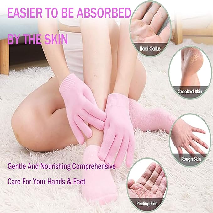 Moisturizing Gloves and Socks, Gel Spa Moisturizing Therapy Sock ＆ Glove, Overnight Gloves for Dry Hands, Repair and Soften Aging, Hand and Feet Care for Chapped and Dry Skin (Pink)