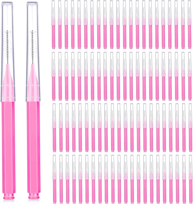 Patelai 100 Pieces Braces Brush for Cleaner Interdental Brush Toothpick Dental Tooth Flossing Head Oral Dental Hygiene Flosser Toothpick Cleaners Tooth Tool(Pink,Portable Size)