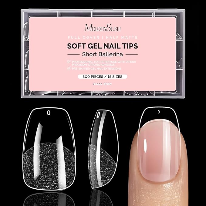 MelodySusie Short Ballerina X Nail Tips - 300Pcs 15Sizes Clear Acrylic, Half Matte Full Cover Press on Nails for DIY Extension & Salon Use,Pre-Shaped for Long-Lasting Manicure