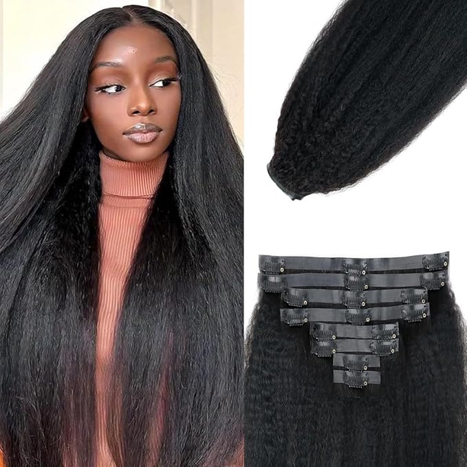 Seamless Kinky Straight Clip in Hair Extensions for Black Women Brazilian Virgin Human Hair Extensions 8Pcs Seamless Clip ins Human Hair with 18Clips Invisible PU Skin Weft 120g 18inch Natural Black