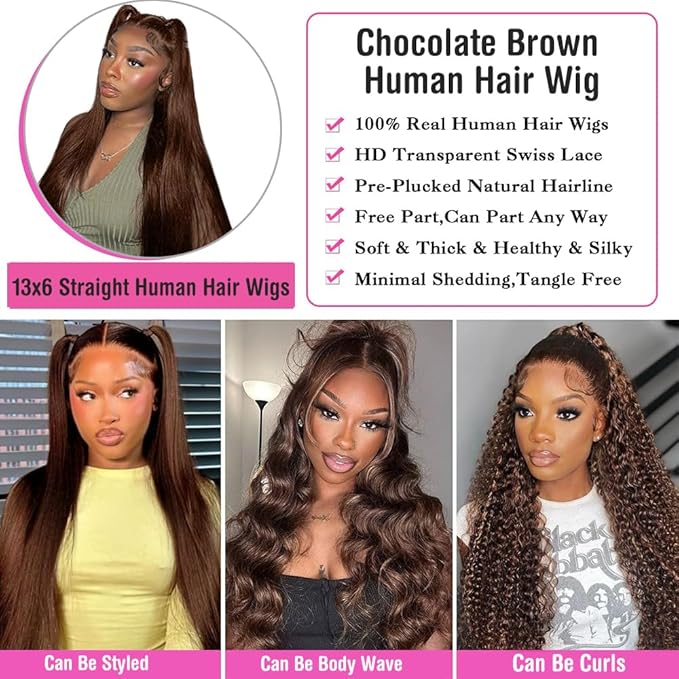 30 Inch Chocolate Brown Human Hair Wig 13x6 Straight Lace Front Wigs Human Hair with Baby Hair Brown Wig Human Hair Pre Plucked 4# Colored Frontal Wigs For Black Women