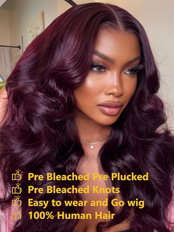 Sunber Black Cherry Layered Straight 13x4 Pre Cut Lace Front Wigs Human Hair Pre Everything Glueless Ready to Go Wig 180% Density Pre Plucked Pre Bleached Invisible Knots Burgundy Plum Straight 16Inch