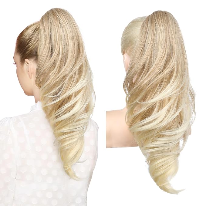 SEIKEA Ponytail Extension, 18" Wavy Claw Clip in Hair Extensions for Women, Lightweight Fluffy Synthetic Ponytail Hairpiece, Natural Soft & Easy to Wear, for Short & Medium Hair Dark Light Blonde