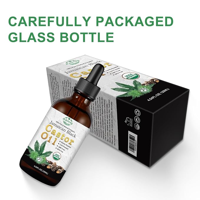 Organic Jamaican Black Castor Oil in Glass Bottle Cold Pressed Hexane Free, 100% Pure Natural Hair Strengthening Oil, Black Castor Oi for Hair Growth Eyelashes Eyebrows (2oz/60ml)