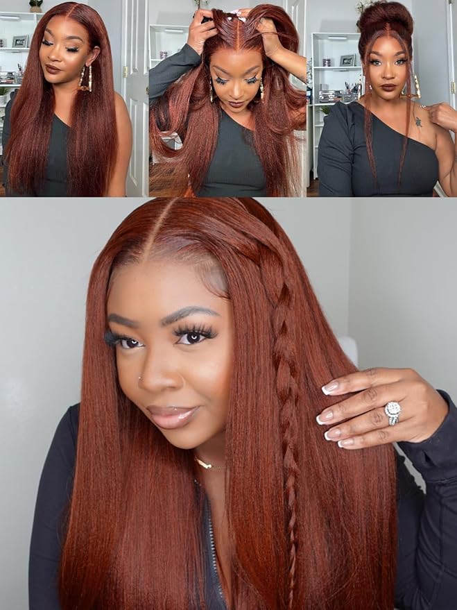 Julia Hair 12A Bye Bye Knots Glueless Wig Reddish Brown Yaki Straight Virgin Human Hair Pre Cut 7x5 HD Lace Front Wigs Invisible Knots Pre Plucked Pre Bleached Auburn Copper Wig 150% Density 26 Inch