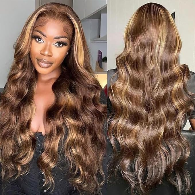 Tuneful 30 Inch Honey Blonde Ombre Lace Front Wig Human Hair 13x6 HD Lace Front Wig 4/27 Highlight Ombre Body Wave Lace Frontal Glueless Wigs Pre Plucked with Baby Hair