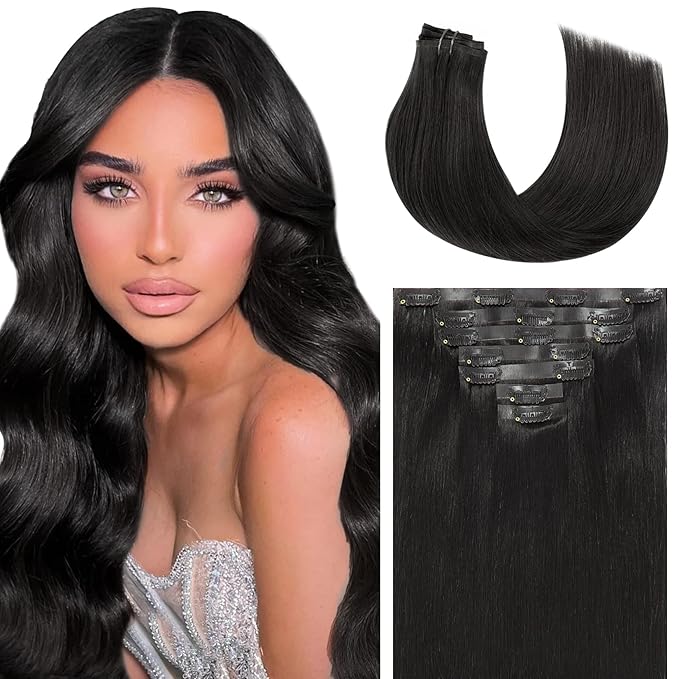 Caliee Seamless Clip in Hair Extensions Remy Human Hair 7Pcs Silky Straight 20Inch 110G 100% Virgin Human Hair Thick PU Weft Natural Hair Extensions Color 1 Jet Black Clip in Extensions for Women