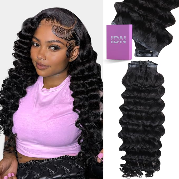IDN BEAUTY Seamless Clip In Hair Extensions Human Hair Deep Wave Clip ins Virgin Human Hair Seamless Clip Ins For Black Women PU Weft Invisible Edge Thick Soft Hair 110g 7Pcs 20 Inch