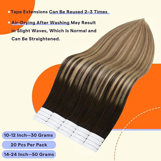Full Shine Hair Extensions Real Human Hair Tape in 30 Grams Color 2 Fading to 8 Brown and 27 Blonde Seamless Skin Weft Short Remy Human Hair Extensions Tape in Balayage 12 Inch 20PCS for Party