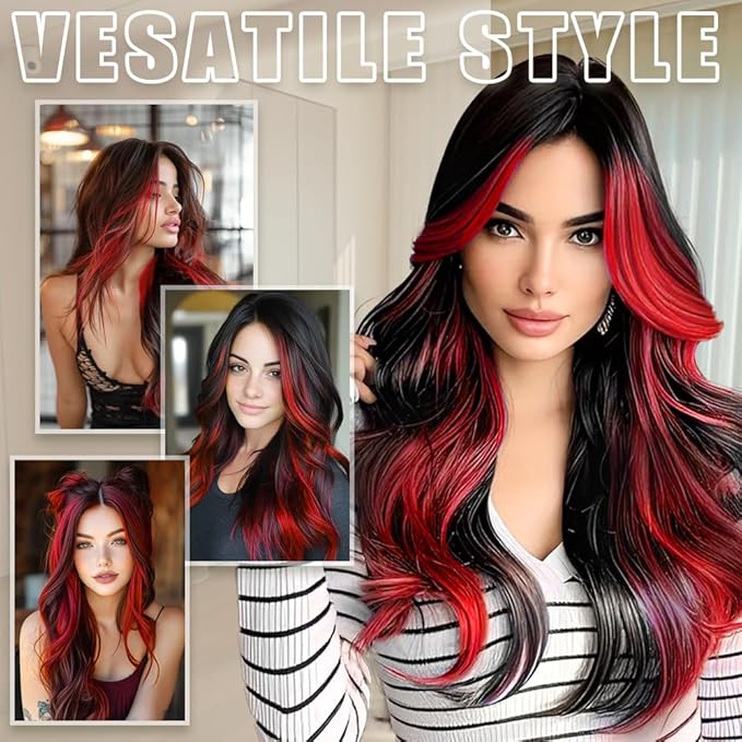 Vigorous Clip in Hair Extensions 4PCS Long Wavy Hair Extension 20Inch Thick Synthetic Hairpieces Fiber Double Weft Hair for Women(Black with Red Highlights)