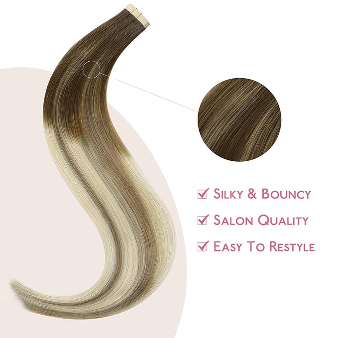 Wennalife Tape In Hair Extensions Human Hair Ombre Walnut Brown to Ash Brown and Bleach Blonde, 10pcs 25g 16 inch Remy Invisible Tape Ins Straight Real Human Hair Tape in Extensions