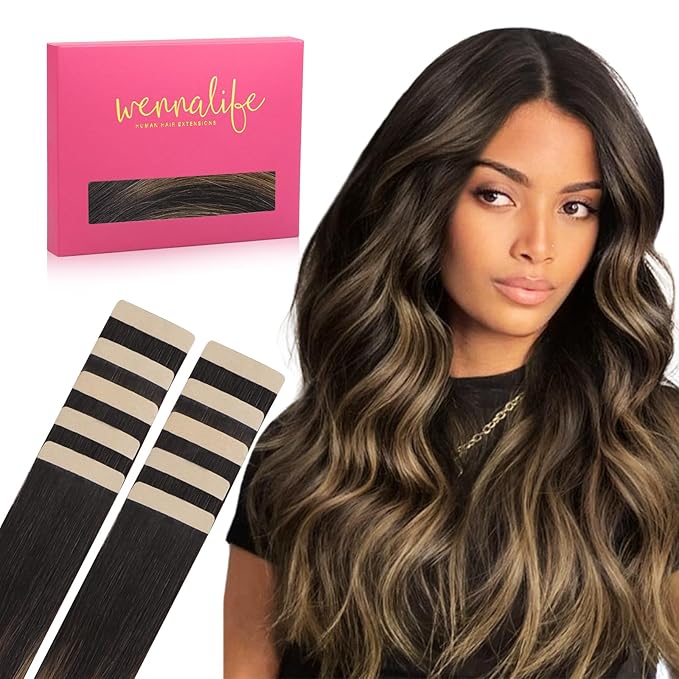 WENNALIFE Tape in Hair Extensions Human Hair Balayage Dark Brown Mixed Chestnut Brown Tape in Extensions, 10pcs 30g 22 inch Remy Invisible Tape Ins Straight Soft Real Human Hair Tape in Extensions