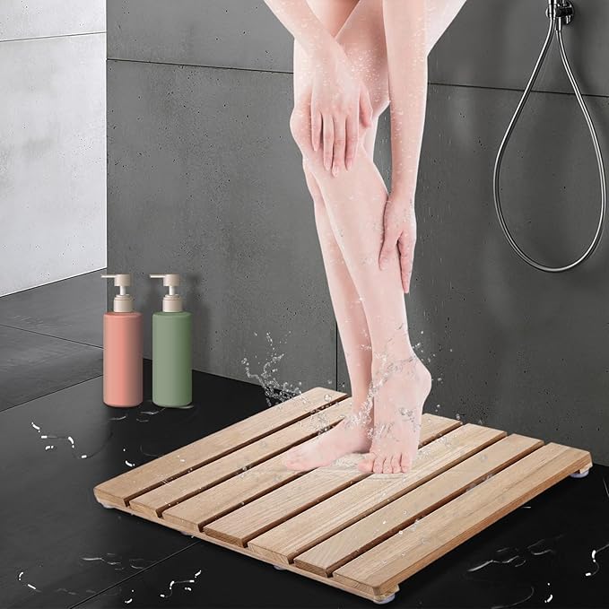 Natural Teak Wood Shower Bath Mat,23.43 * 16.73 Inches,Non-Slip Rubber Feet, Premium Wooden Floor Mats for Spa, Sauna, Pool and Hot Tub, Flooring Decor and Protector, Indoor and Outdoor Use