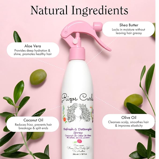 Rizos Curls Refresh & Detangle Spray – Detangling & Curl Leave-In with Coconut Oil – Nourishes, Hydrates & Controls Frizz for Every Curl Pattern – Adds Shine, 2a–4c Hair Types – Vegan & Cruelty-Free
