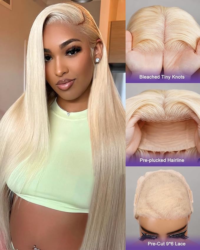 613 Lace Front Wig Human Hair 180% Density Wear and Go Glueless Wigs Human Hair Blonde Wig Human Hair Pre cut Lace Pre Plucked Real Bleached Knots (22inch,9X6 Straight Wig)