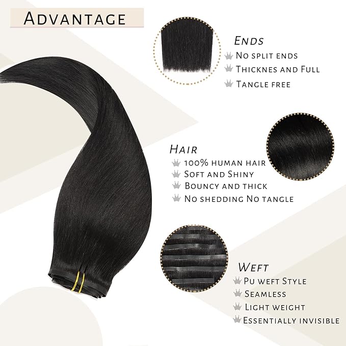 Caliee 22Inch Invisible Seamless Clip in Human Hair Extensions 7Pcs 100% Real Human Hair Jet Black Clip In Hair Extensions Straight Not Tangled PU Weft Clip in Human Hair Extensions for Women 110G
