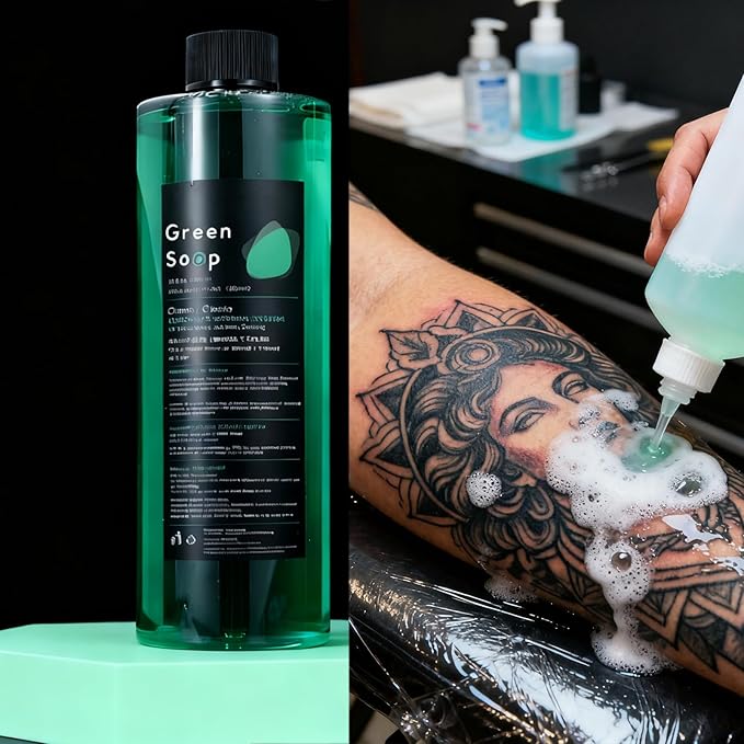 16.9oz Green Soap Kit, Urknall Ultra Concentrated 16.9oz Tattoo Green Soap with 8oz Squeeze Bottle, Green Soap for Tattooing & Piercing Care, Gentle Vegan Formula for Professional Tattoo Supplies